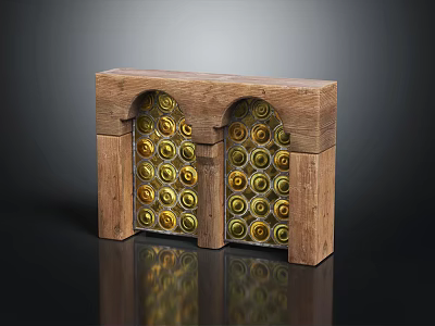 Traditional Wooden Entrance Gate With Arched Top Golden Circular Inlays and Symmetrical Pillar Design 3d model