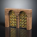 Traditional Wooden Entrance Gate With Arched Top Golden Circular Inlays and Symmetrical Pillar Design