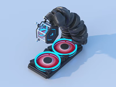 Innovative Home Appliance With Mechanical Arm Transparent Cube Red Blue Halos And Circular Devices 3d model