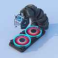 Innovative Home Appliance With Mechanical Arm Transparent Cube Red Blue Halos And Circular Devices