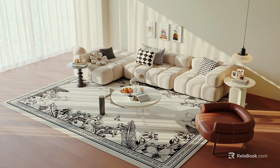 Modern Living Room Sofa And Coffee Table Set With Area Rug Accent Chair And Wall Art 3d model 