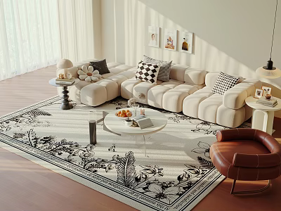 Modern Living Room Sofa And Coffee Table Set With Area Rug Accent Chair And Wall Art 3d model