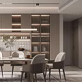 Elegant Modern Dining Room With Round Table Upholstered Chairs Hanging Lights And Wall Cabinets
