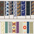 Colorful Decorative Fabrics With Various Patterns Hanging On Wall Mounted Rack 3d model