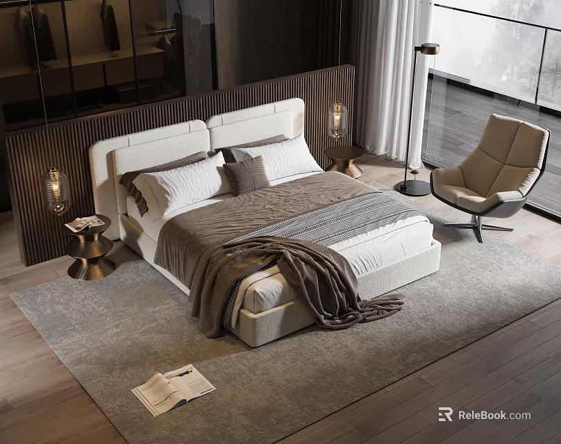 Elegant Double Bed With Pillows And Blanket Beside Bedside Table Lamp Armchair On Gray Rug 3d model 