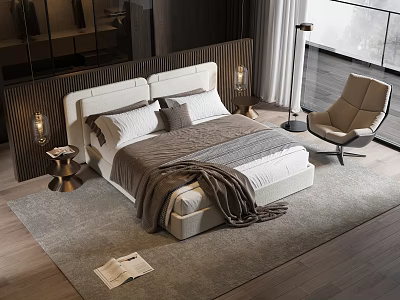 Elegant Double Bed With Pillows And Blanket Beside Bedside Table Lamp Armchair On Gray Rug 3d model