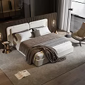 Elegant Double Bed With Pillows And Blanket Beside Bedside Table Lamp Armchair On Gray Rug