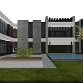 Modern Detached Villa with Outdoor Terrace Swimming Pool White Sofas Wooden Deck and Palm Trees