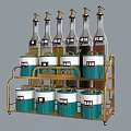 Stylish Blue And White Spice Bottles On Gold Metal Storage Rack