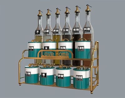 Stylish Blue And White Spice Bottles On Gold Metal Storage Rack 3d model