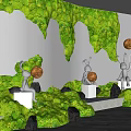 Indoor Landscape Featuring Green Moss Wall Silver Sculptures Golden Lights White Pedestals and Black Stones