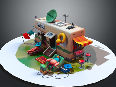 Cartoon Style RV Campsite Scene with Satellite Dish Awning Deck Chairs Lifebuoy and Small Table 3d model