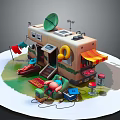Cartoon Style RV Campsite Scene with Satellite Dish Awning Deck Chairs Lifebuoy and Small Table