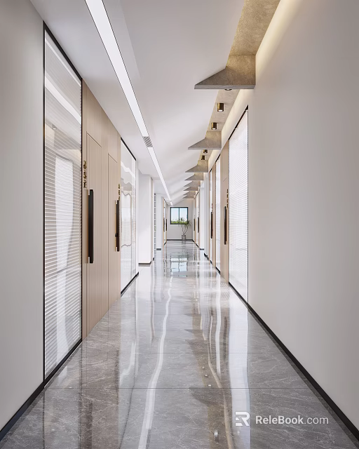 Modern Office Corridor With Wooden Walls Glass Doors Ceiling Lights And Sleek Floors 3d model 