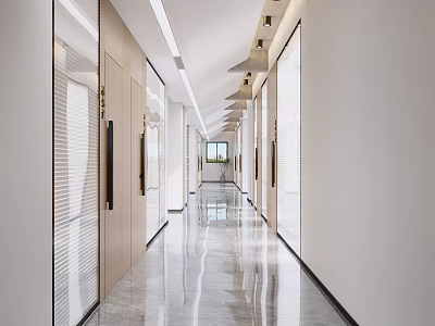 Modern Office Corridor With Wooden Walls Glass Doors Ceiling Lights And Sleek Floors 3d model