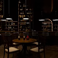 Stylish Bar Interior Design With Hanging Lights Liquor Shelves Round Tables And Chairs