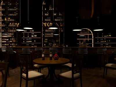 Stylish Bar Interior Design With Hanging Lights Liquor Shelves Round Tables And Chairs 3d model
