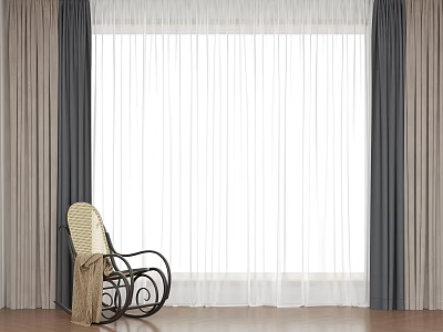Stylish Gray And Beige Curtains With White Sheer Panels By Wicker Chair On Wooden Floor 3d model