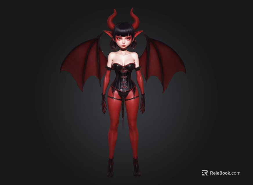 Demon Character With Red Horns Large Red Wings Black Corset White Skin Red Stockings 3d model 