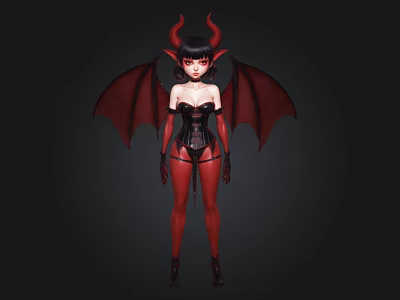 Demon Character With Red Horns Large Red Wings Black Corset White Skin Red Stockings 3d model