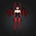 Demon Character With Red Horns Large Red Wings Black Corset White Skin Red Stockings