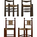 Set of Four Leisure Chairs with Wooden Frame and Woven Seat Design