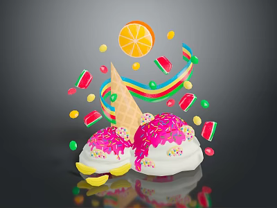 Colorful Ice Cream Cone With Pink Sprinkles Rainbow And Fresh Fruit Toppings 3d model
