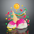 Colorful Ice Cream Cone With Pink Sprinkles Rainbow And Fresh Fruit Toppings