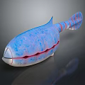 Blue And Red Striped Fish Like Creature With Pointed Snout Red Openings On Gray Background