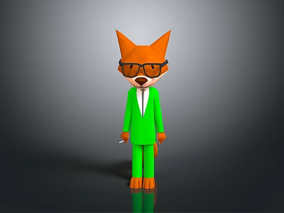 Cartoon Fox Character Wearing Green Suit And Glasses Standing On Gray Background 3d model