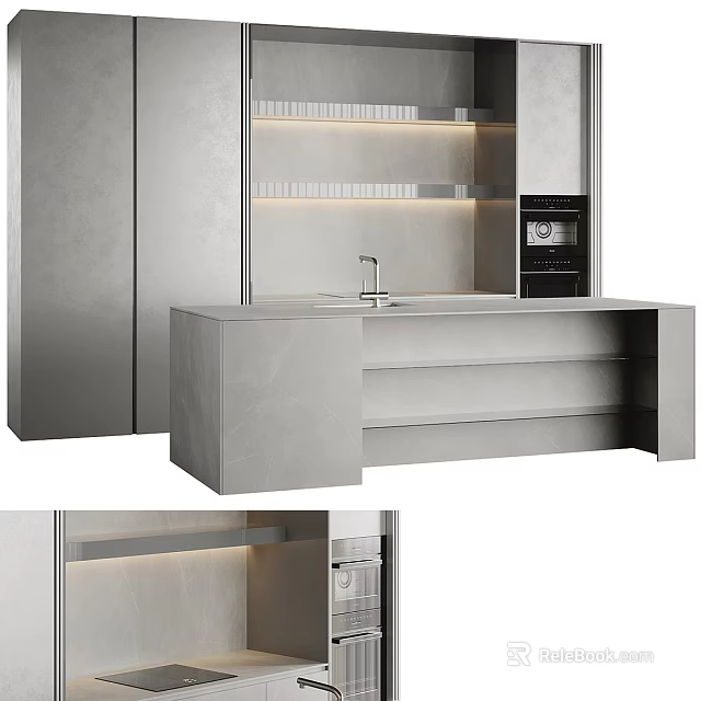Modern Kitchen Interior With Sleek Gray Cabinets Countertop And Built In Appliances 3d model 