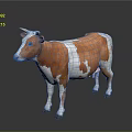 Orange And White Spotted Cow With Horns Standing On Gray Background With Reflection