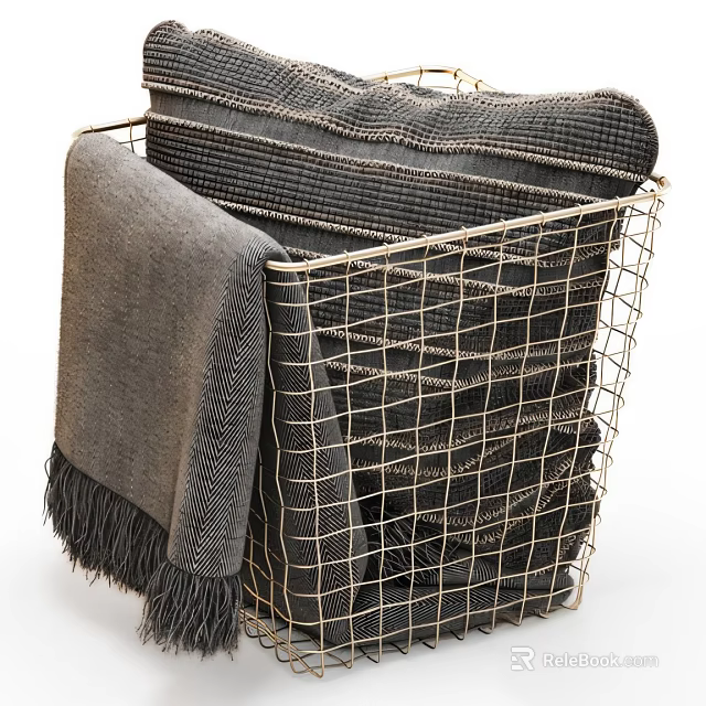 Metal Wire Mesh Storage Basket With Gray Fringed Blankets For Home Organization 3d model 