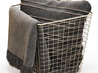 Metal Wire Mesh Storage Basket With Gray Fringed Blankets For Home Organization 3d model