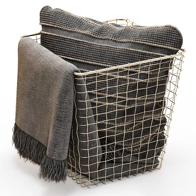 Metal Wire Mesh Storage Basket With Gray Fringed Blankets For Home Organization 3d model