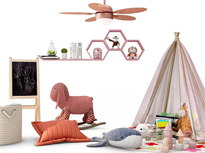 Children's Play Tent in Kids Room with Rocking Goat Stuffed Whale Pillows and Chalkboard 3d model