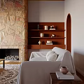 Cozy Living Room Interior With Wooden Beams Stone Fireplace Shelves And White Furniture