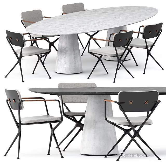 Modern Dining Table Set With Concrete Base Wooden Tabletop And Black Metal Chairs 3d model 