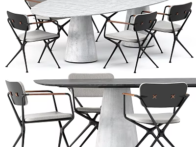 Modern Dining Table Set With Concrete Base Wooden Tabletop And Black Metal Chairs 3d model
