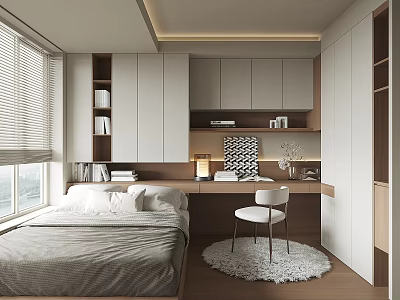 Modern Tatami Bedroom Interior With Bed Desk Chair Bookshelves And Window Blinds 3d model