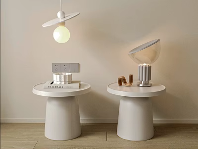 White Round Top Modern Side Tables With Lamp Book And Letter Decor 3d model