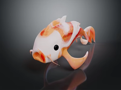 White and Orange Koi Fish with Black Eyes on Black Background Showing Clear Reflection 3d model