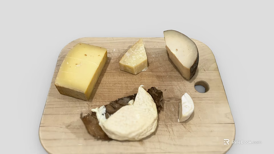 Assorted Cheeses On Wooden Cutting Board With Different Shapes And Textures 3d model 