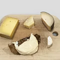 Assorted Cheeses On Wooden Cutting Board With Different Shapes And Textures