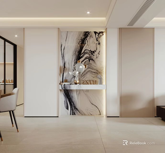 Modern Foyer Hallway With Marble Patterned Wall And Console Table 3d model