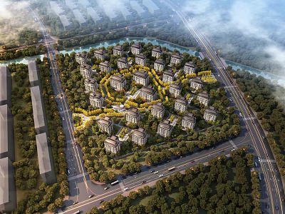 Aerial Planning of Residential Community with Circular Building Layout Green Spaces Roads and River Surroundings 3d model