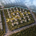 Aerial Planning of Residential Community with Circular Building Layout Green Spaces Roads and River Surroundings