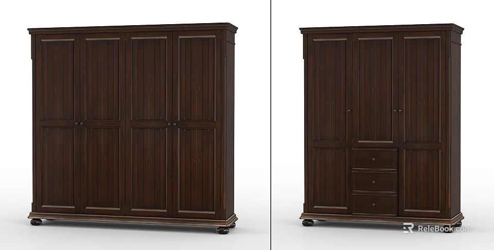 Dark Brown Wooden Wardrobe With Multiple Doors Drawers And Wheels Design 3d model 