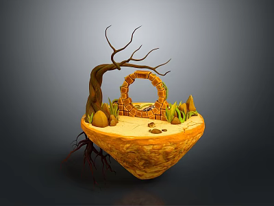 Floating Island Scene With Exposed Root Twisted Branches Stone Archway Sand Grass And Stones 3d model
