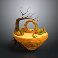Floating Island Scene With Exposed Root Twisted Branches Stone Archway Sand Grass And Stones